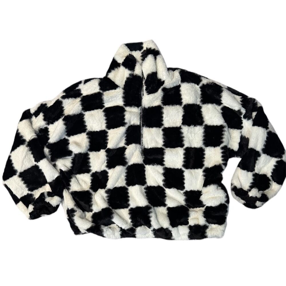 Salty Savage checkered fluffy faux fur quarter zip pullover size small oversized - Picture 2 of 8